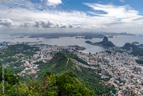 Panorama view on Rio de Janeiro, Sugar Loaf and Botafogo bay in Atlantic ocean, viewed from Corcovado mountain. Brazil. photo