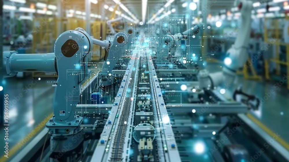 A high-tech factory floor where robotics and automation