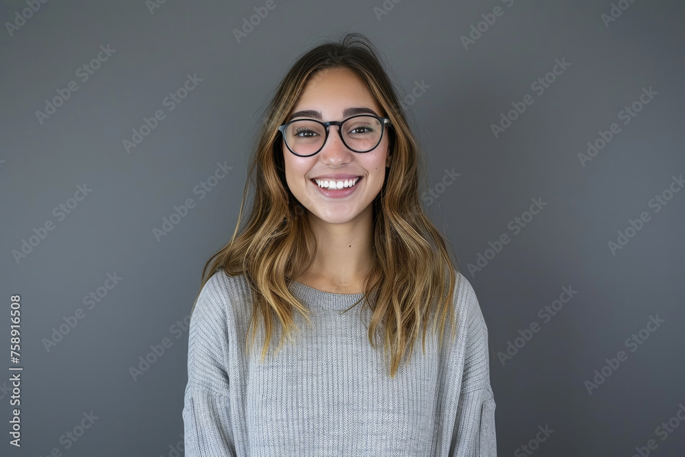 Smiling Nerdy Glasses Girl on Grey Background Smiling Nerdy Glasses Girl on Grey Background