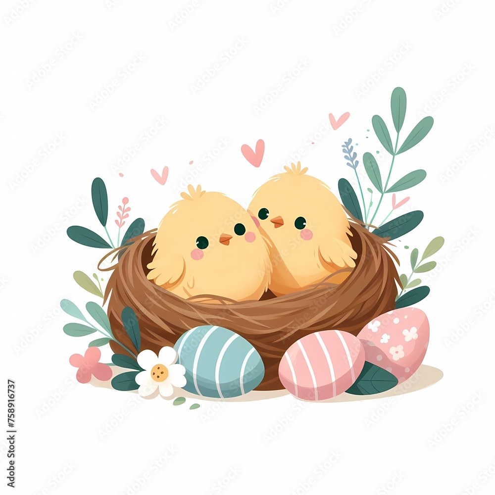 Cute chicks in the nest. Spring palette. Flat cartoon style Cute chicks in the nest. Spring palette. Flat cartoon style
