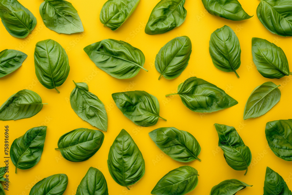 Top View of Basil Leaves on Solid Color Top View of Basil Leaves on Solid Color