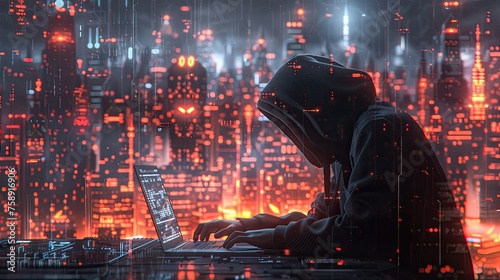 Anonymous hacker sillhouette with hoodie in front of laptop stealling data on red digital hologram. Concept of cybercrime, cyberattack and dark website. Generative AI. photo