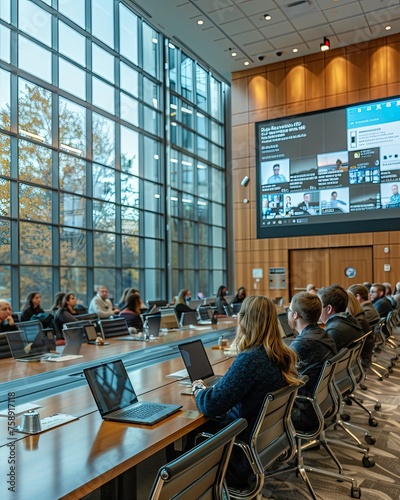 Business professionals communicating at modern conference, seminar or meeting. Young and mature people meeting in the office and having discussions. Generative AI.