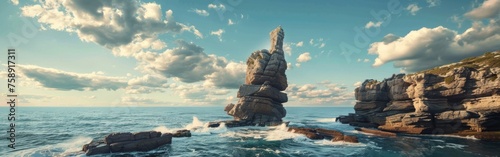 A rock formation rises from the ocean waters, standing resilient against the waves. The formation is surrounded by open sea under the vast sky.