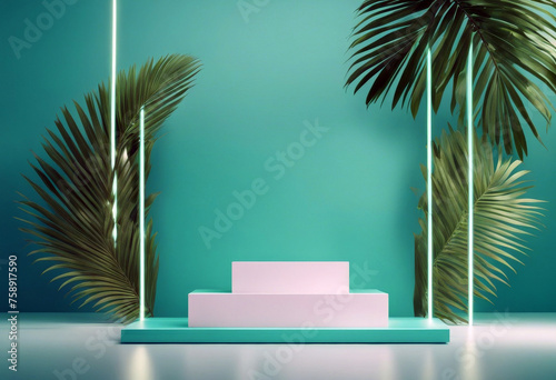 White podium shelf empty pedestal splay vivid aqua summer background palm leaf pattern Blank stand showing product 3D rendering poduim summer display pedestal dais racked three-dimensional abstract