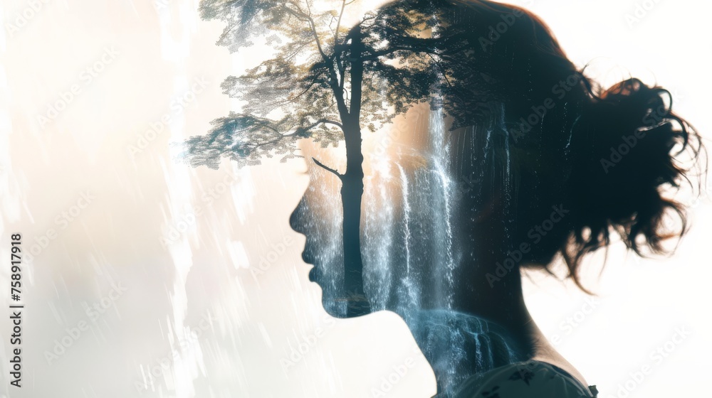 A woman with an intricately detailed tree superimposed over her head, symbolizing a deep connection with nature and growth. The tree branches intertwine with her hair, creating a stunning visual repre