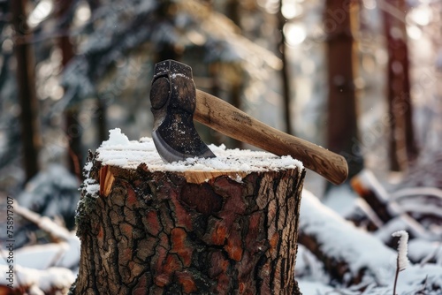 Ax embedded in a tree stump in the snowy forest