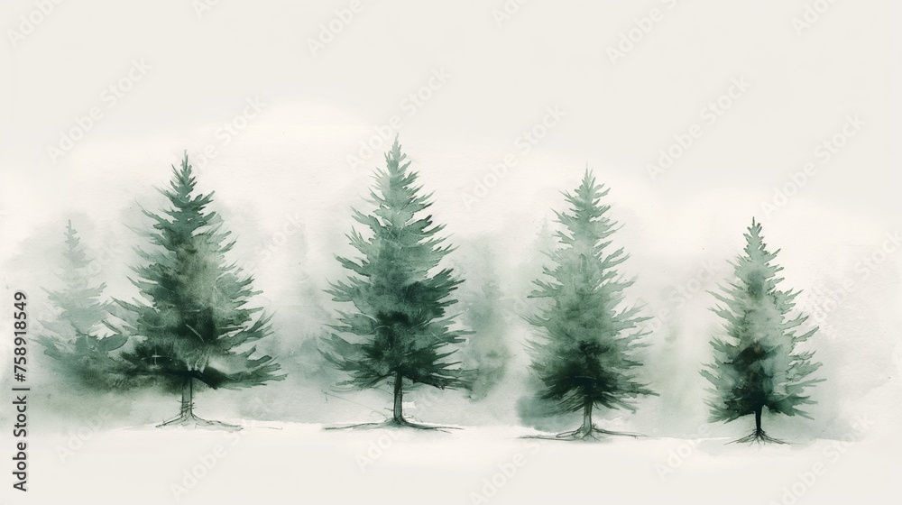 Watercolor of pine trees for winter design.