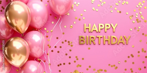 Happy birthday card with golden balloons and confetti on pink background Generative AI