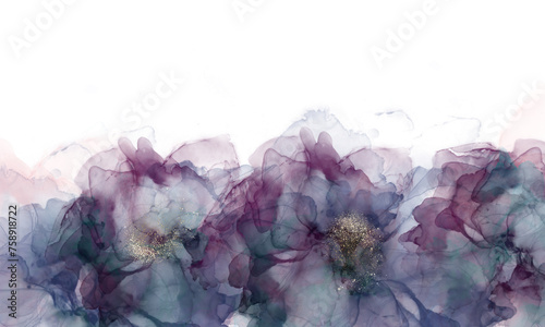 Fototapeta Naklejka Na Ścianę i Meble -  Alcohol ink abstract background painted by hand, floral texture, ethereal hint, purple pink and blue color accent, transparent backdrop, png file