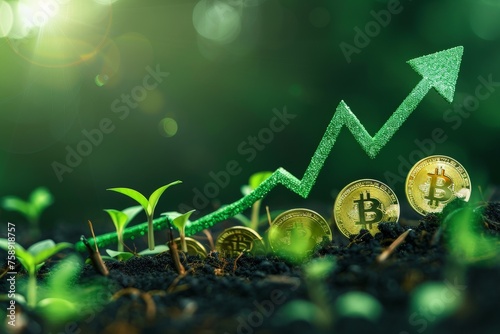 Plants and Bitcoin Coins With an Ascending Green Arrow Depicting Growth and Investment Success