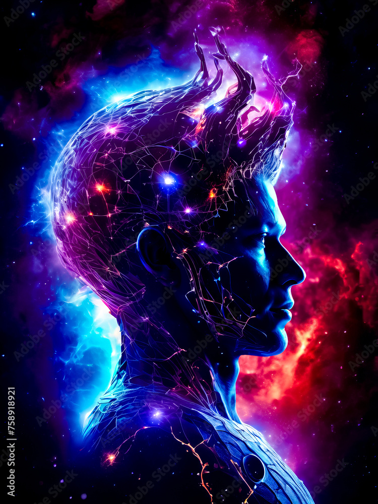 A man's head is shown in a blue and red background A man's head is shown in a blue and red background