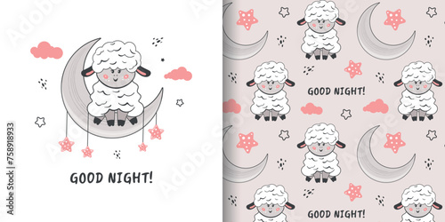A sweet lamb. Beautiful seamless pattern for bed linen, fabric, wallpaper, wrapping paper, poster for children's room and more. Vector design good night.