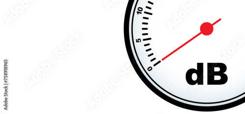 Circular analog dB meter. Decibel, referred to as dB, unit of measurement for sound intensity. Decibels, logarithmic scale. For music, audio sound or loud, soft indication. concept of noise reduction.