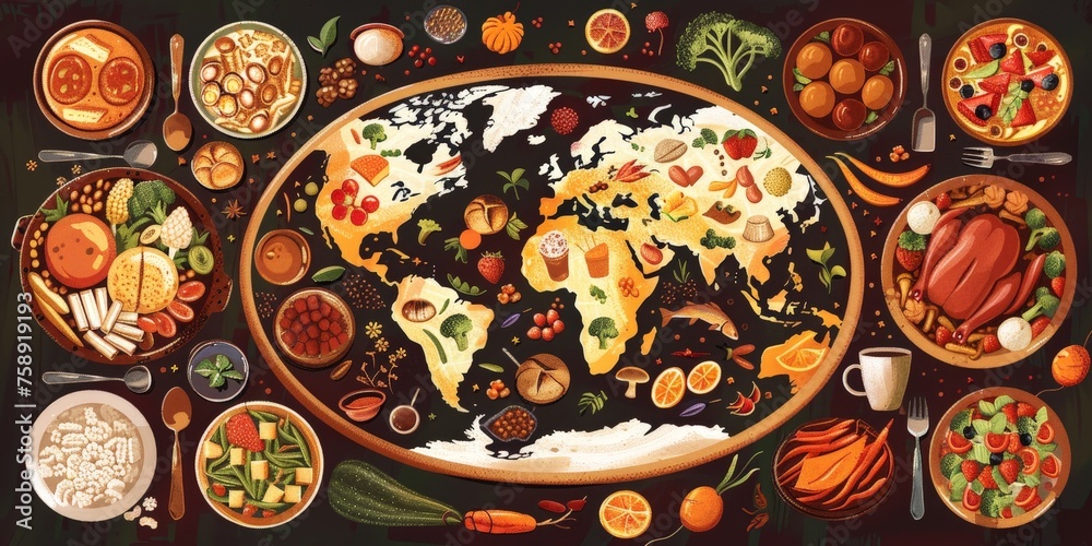 Table with a world map in the center and various foods around, concept ...