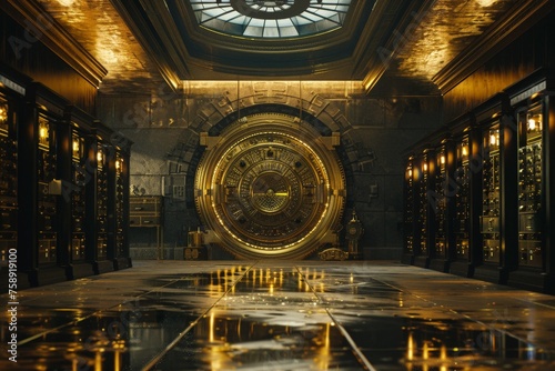 Room with large bank safe with a golden door 