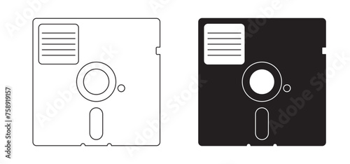 Cartoon disk floppy line pattern. Diskette or floppy disk is a storage medium used for data storage in a computer or pc. Capacity of 160 KB, 360 KB or 1.22 MB (5.25 inch diskettes). For data storage.