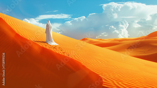 Nomad in white clothes in the desert. 