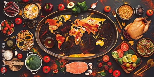 Table with a world map in the center and various foods around, concept of food from different countries