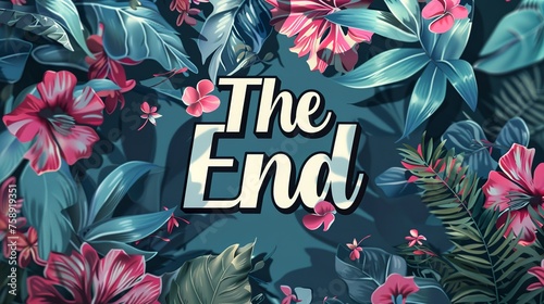 The end text surrounded and background with spring flowers