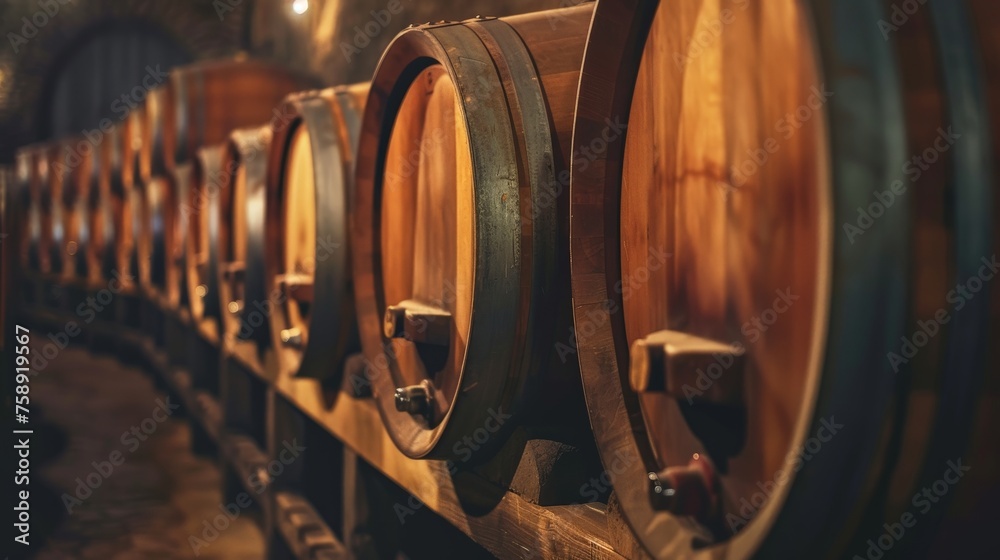 Wooden barrels with wine in cellar in medieval style, Row of wine barrels