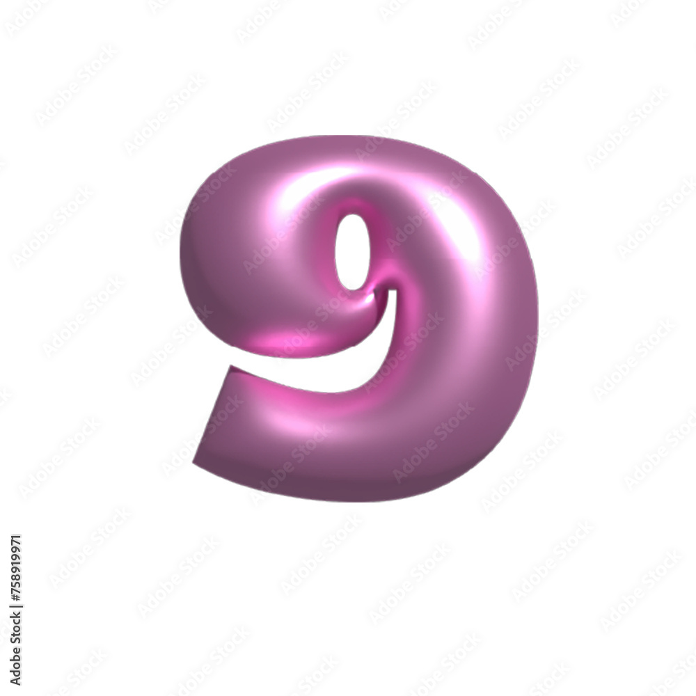Pink shiny metal reflective number 9 3D illustration Pink shiny metal reflective number 9 3D illustration