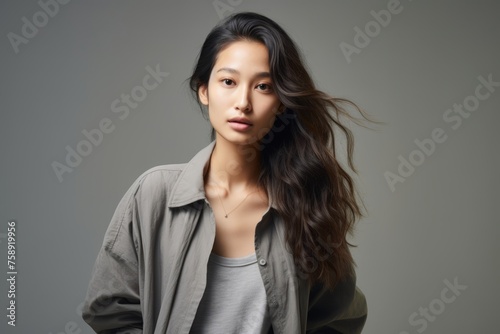 Portrait of a beautiful asian woman with long brown hair, isolated on gray background