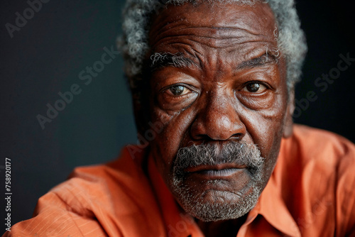 Hombre mayor con perilla y camisa naranja mira a la cámara con expresión seria