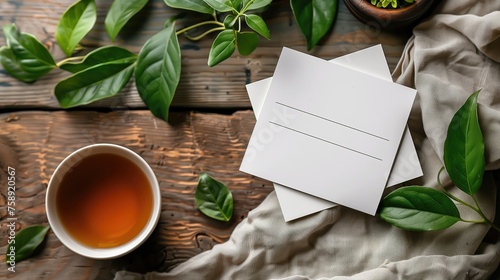 Mockup of blank business cards, cup of tea and leaves on wooden background