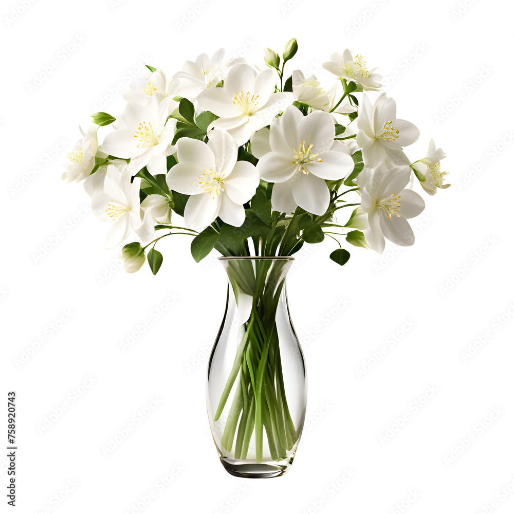 Isolated vase, white flowers, soft shadow, transparent background. 
