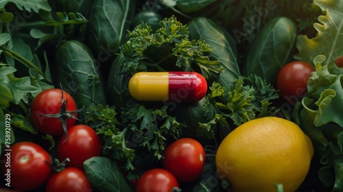 Yellow and red vitamin capsule among fresh fruits and vegetables