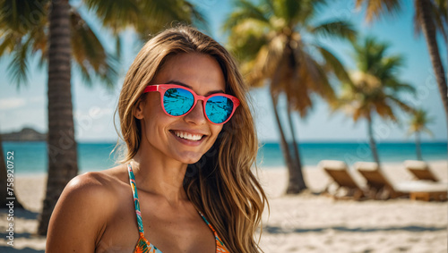 beautiful woman wearing a bikini and sunglasses with palm trees on the beach in the background smiling while looking at the camera © The A.I Studio
