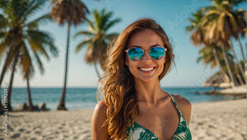 beautiful woman wearing a bikini and sunglasses with palm trees on the beach in the background smiling while looking at the camera
