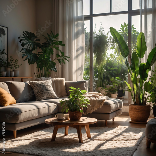Gemütliches Wohnzimmer im sanften Sonnenlicht mit grünen Pflanzen