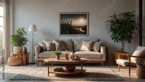 Sonnendurchflutetes Wohnzimmer mit stilvoller und natürlicher Dekoration