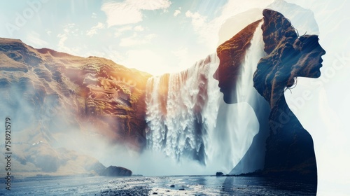 A woman stands facing a majestic waterfall, her figure outlined against the rushing water. She gazes at the powerful cascade, surrounded by the beauty of the natural landscape.