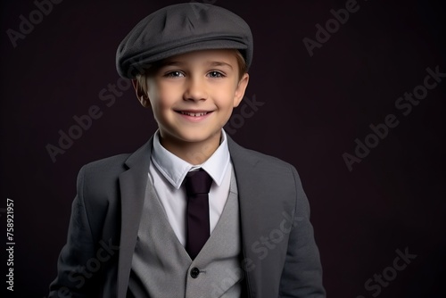 Portrait of a cute little boy in a gray suit and cap. © Loli