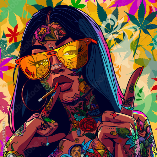 Vector illustration of a beautiful girl with a smoking pipe on a colorful background.