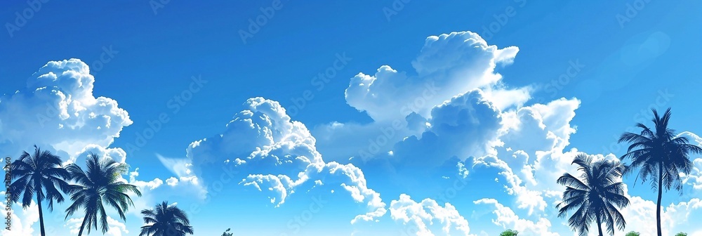 Palm trees on a background of blue sky with white clouds. Wide banner