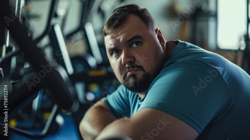 An overweight man in the gym preparing to play sports  the concept of an active life in any age  taking care of the body and building a relationship with weight
