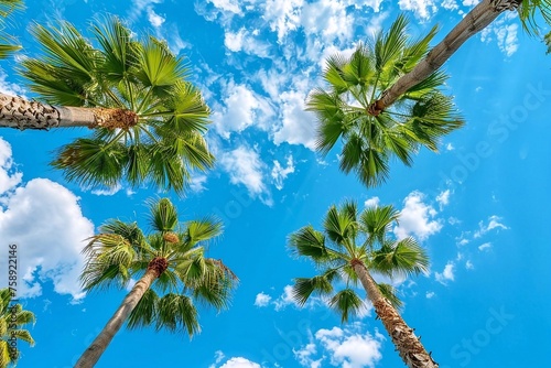 Palm trees on a background of blue sky and white clouds. Tropical background.