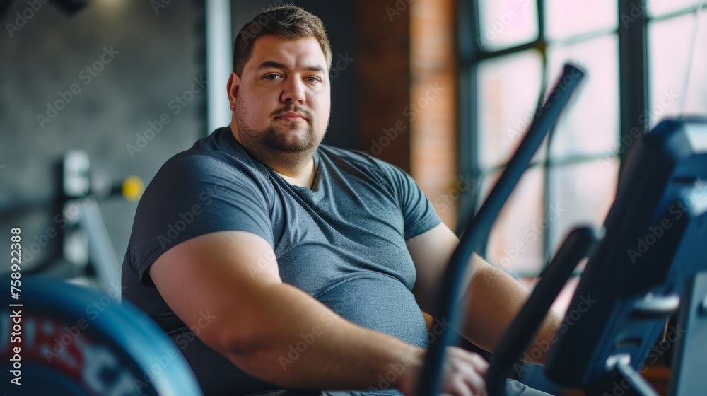 An overweight man in the gym preparing to play sports, the concept of an active life in any age, taking care of the body and building a relationship with weight An overweight man in the gym preparing to play sports, the concept of an active life in any age, taking care of the body and building a relationship with weight