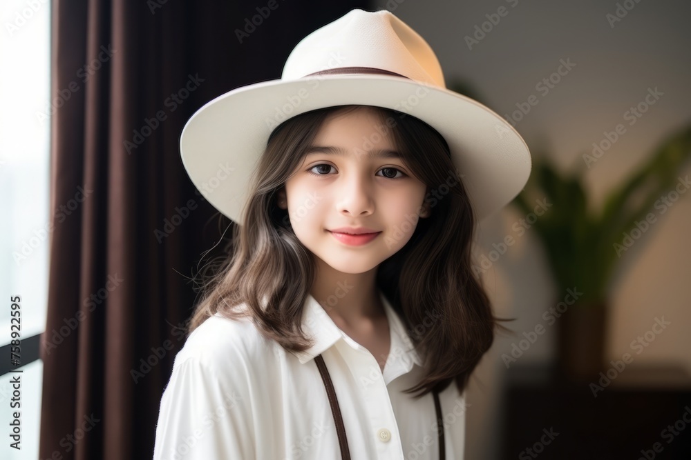 beautiful asian woman wearing hat and white shirt in the room beautiful asian woman wearing hat and white shirt in the room