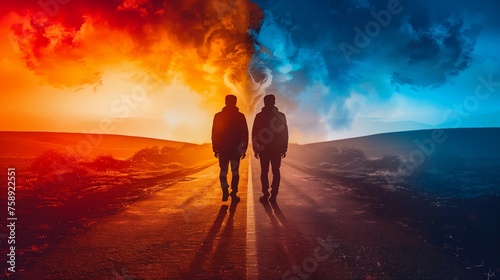 Two people stand on the road, separated by an elemental wall of fire and ice,red and blue.