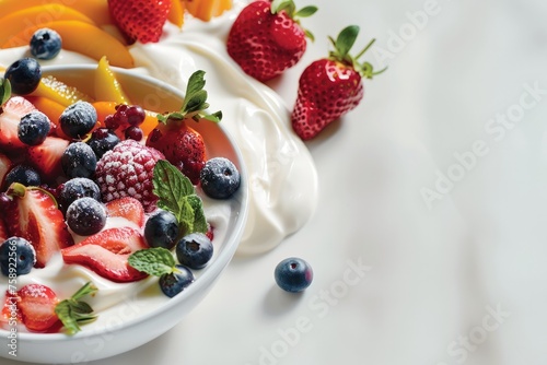 Background with yogurt, strawberries, peaches and blueberries