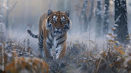 A powerful Amur tiger is seen walking through a dense forest filled with tall grass. The stripes on its coat stand out against the green foliage as it prowls through the natural habitat.