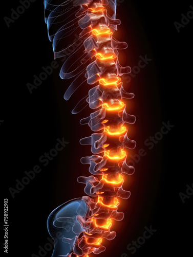 Back pain illustration with spine highlighted.