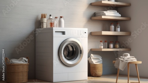 Generative AI A clean and uncluttered laundry room displaying a modern washing machine with minimalist