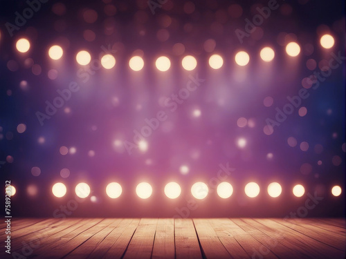 Stage concert lights with wooden floor. Stage studio backdrop product placement abstract template design.