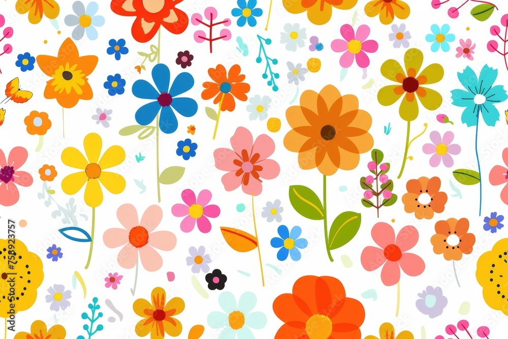 Abstract flowers seamless pattern banner, wallpaper for kids, bright pastel colors over beige white background. Wrapping paper for presents. Baby linen, clothes and products for children